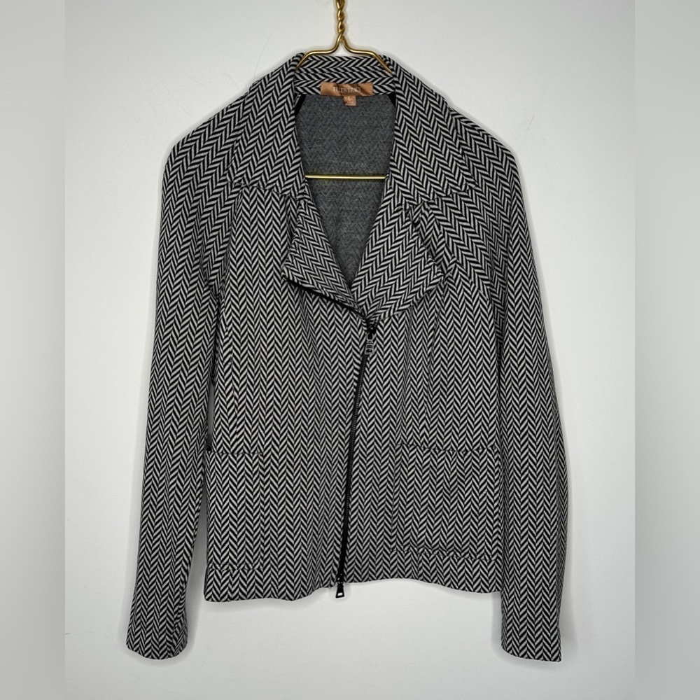 Ellen Tracy Black White Wool Blend Chevron Zip Front Soft Jacket Women’s Large